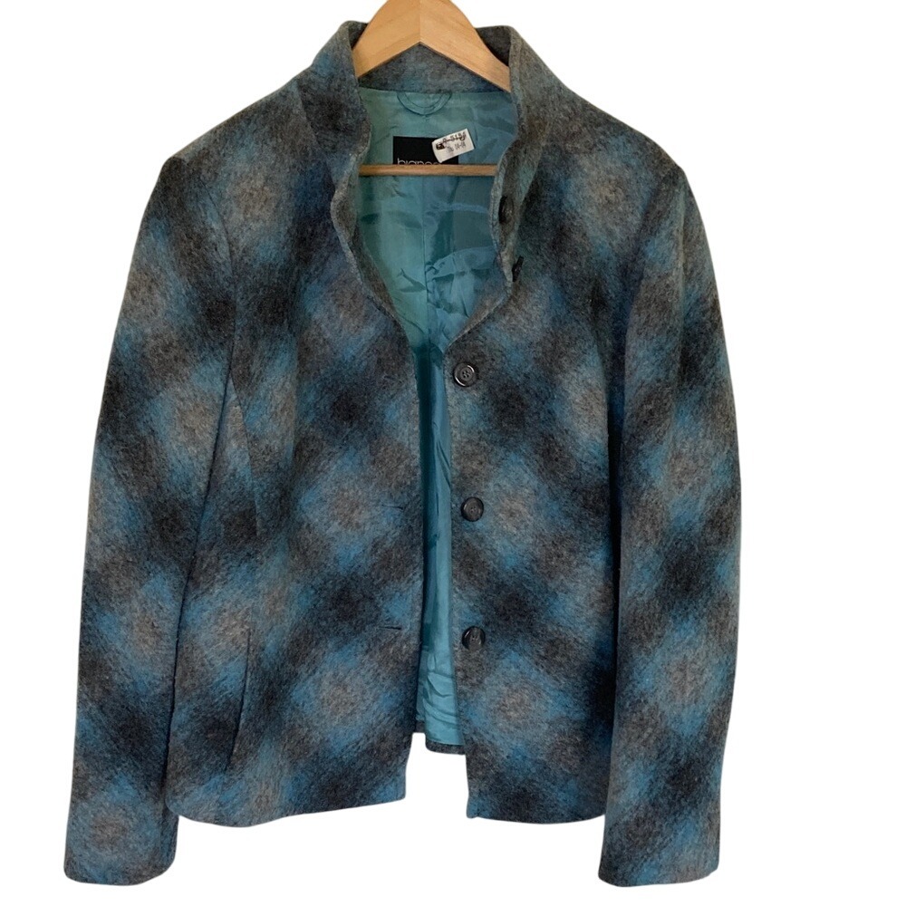 Bianca Women's Wool Blend Blazer Jacket Size 14 Blue Grey Black Argyle Pattern